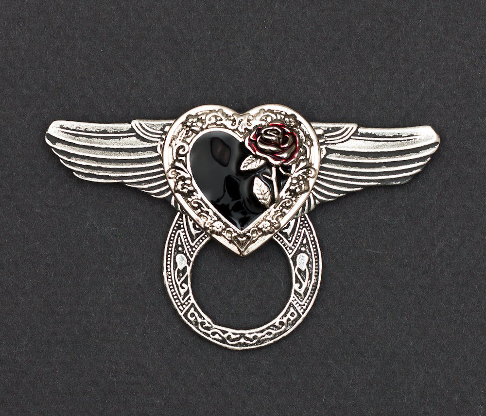 Sunglass Holder Pin Winged Black Heart Red Rose